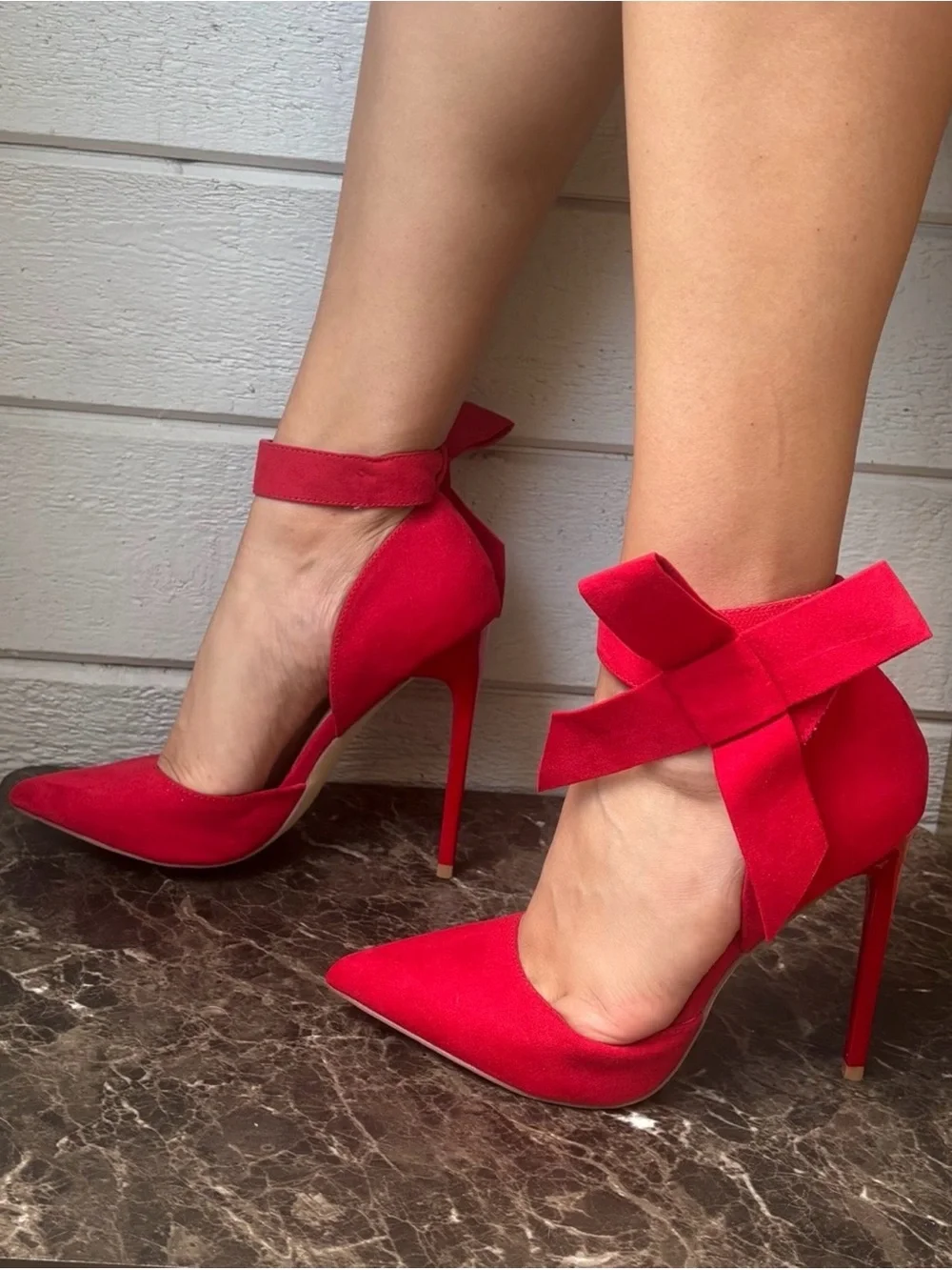 Red Ankle-Bow Pointed Stiletto Heels